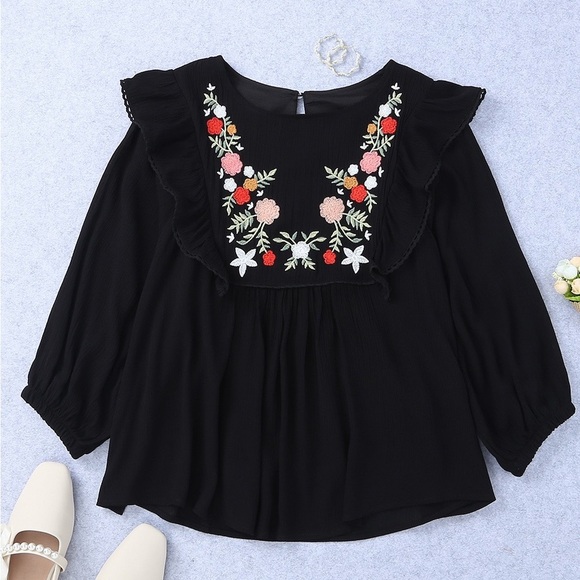 🔥🔥Black Bohemian Floral Embroidered Ruffled Babydoll Top - Picture 2 of 4